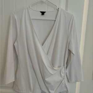 Ann Taylor White Faux-Wrap Long Sleeve Blouse
